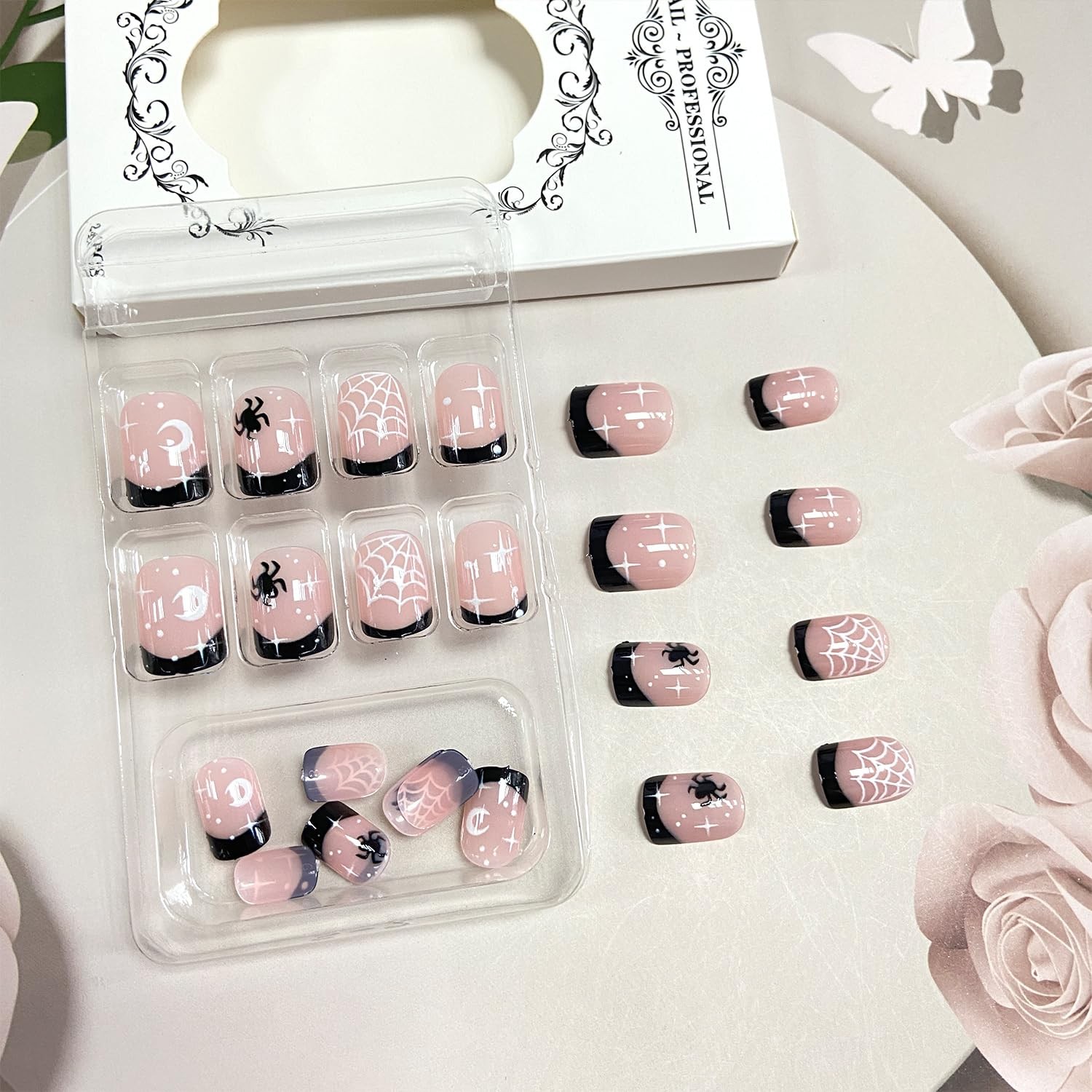 Short Square Halloween Press on Nails Black French Tip Fake Nails Glossy Spid…