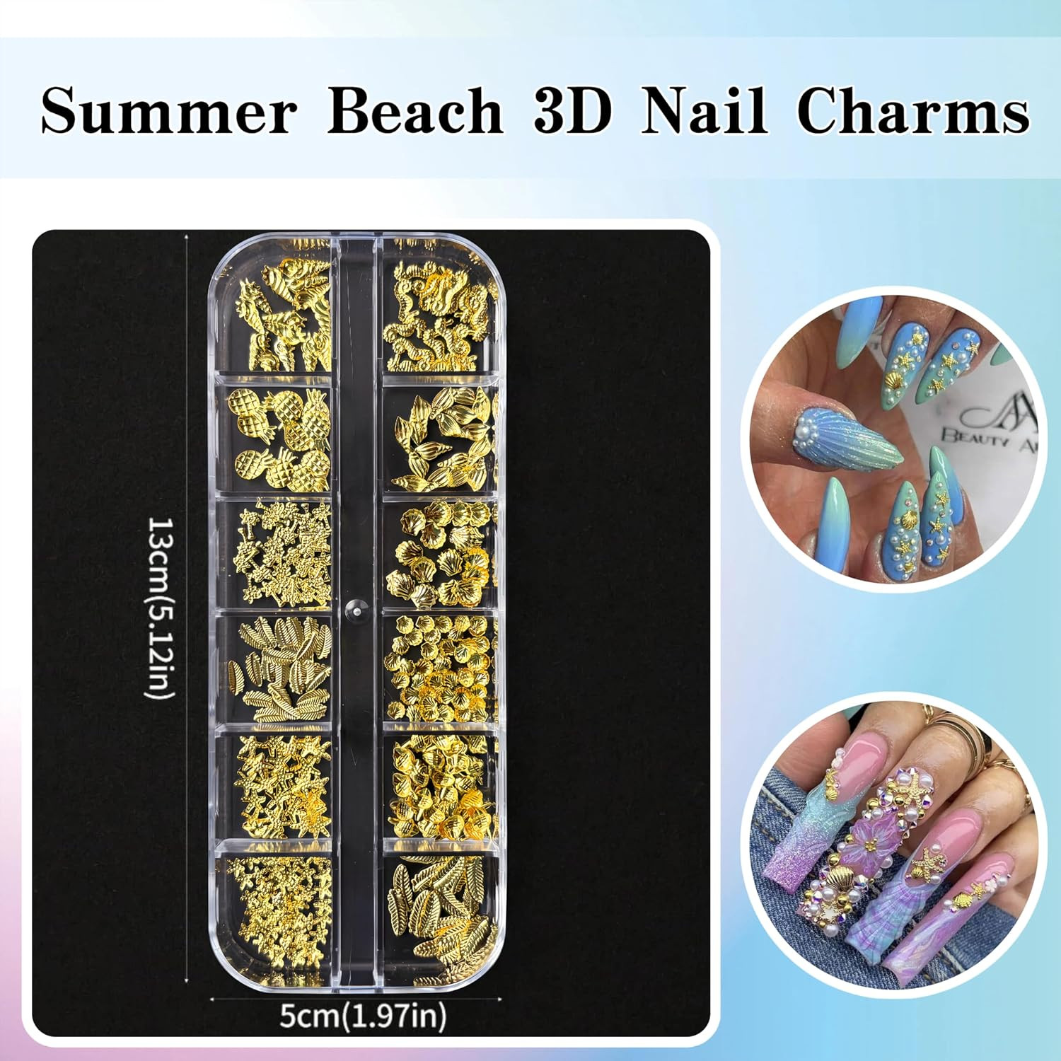 12 Grids 3D Metal Nail Art Studs Mixed Shapes Gold Shell Nail Charms Seahorse St