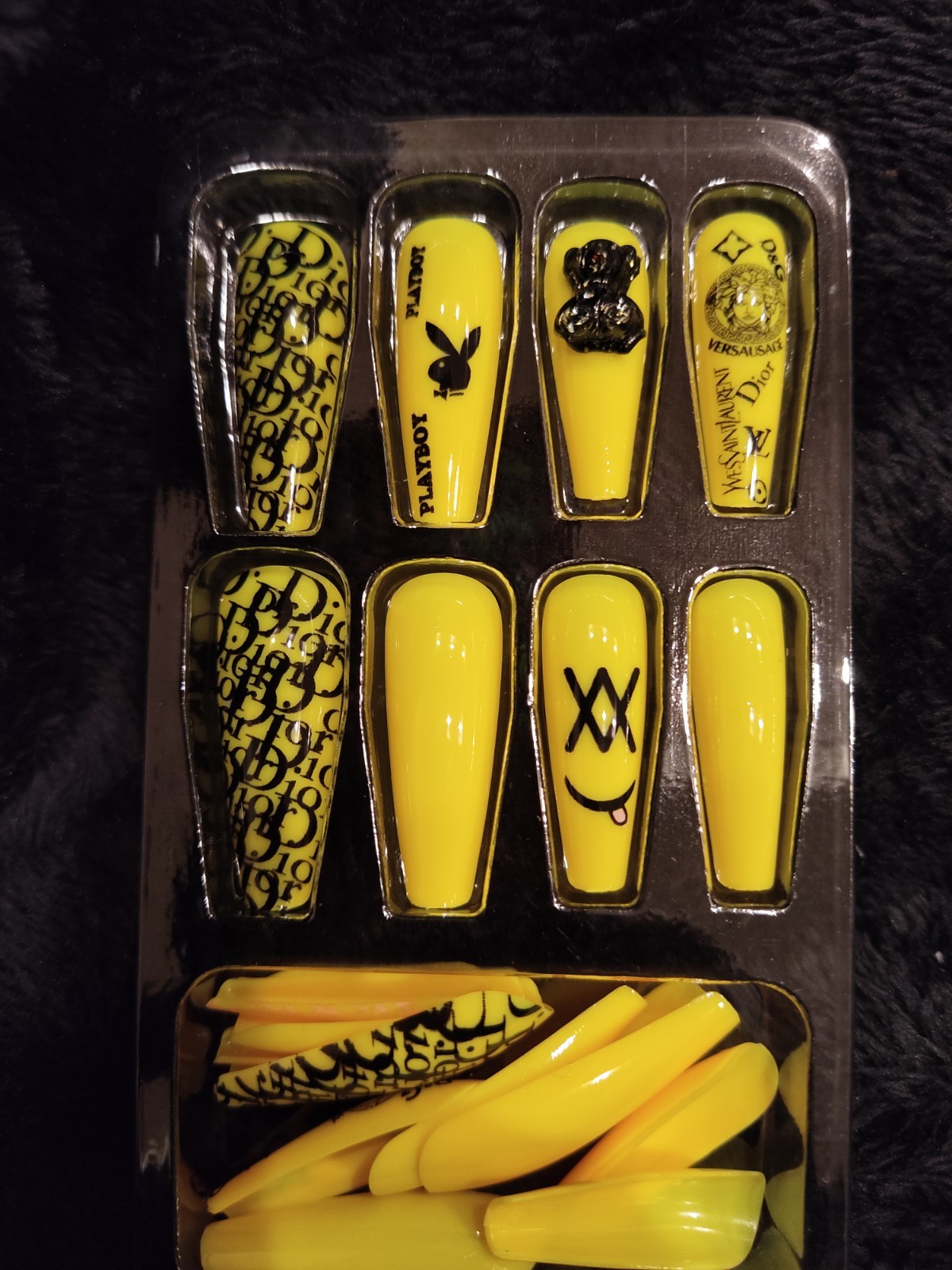 Yellow Black Luxury Salon Press On Nails Fashion Logo Design Long Coffin Glossy