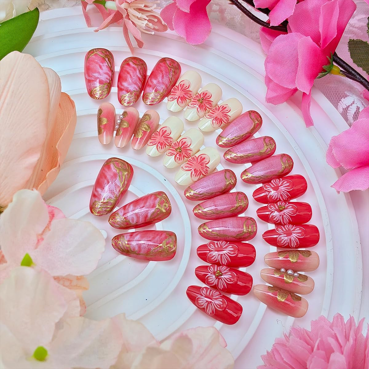 Pink Flower Press on Nails Medium Almond Fake Nails 3D Pearl Gold Bead Design Fl