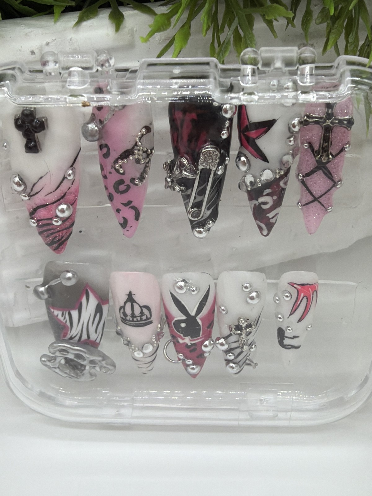 Y2K Punk Press-On Nails Pink Black Stiletto Playboy Crown Charms 3D Handmade