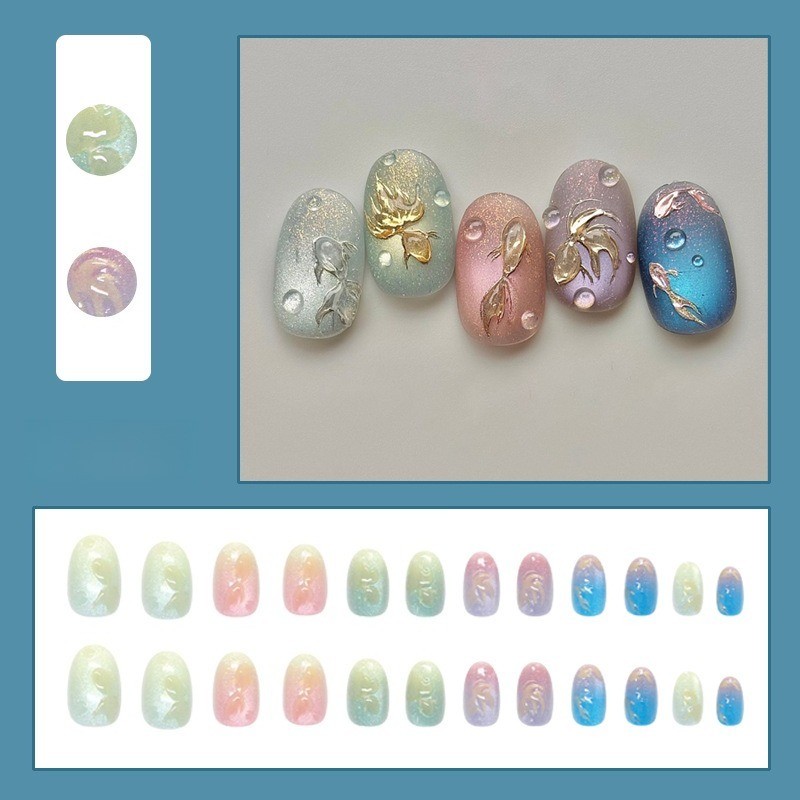 48pcs-Press on Nails Cat Eye Goldfish Print Water Drop Round Oval Nail Art Set