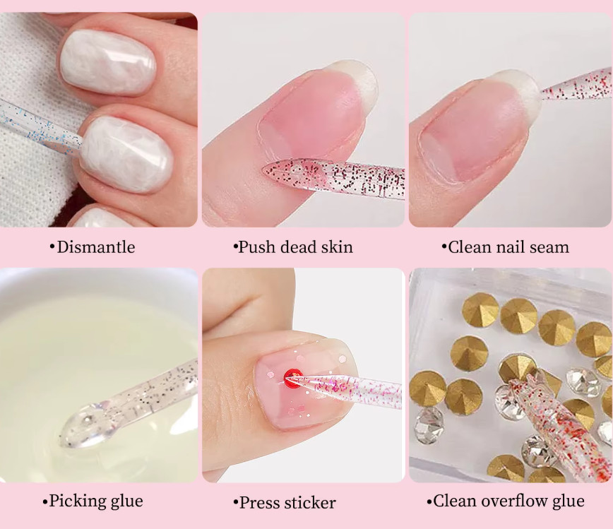100Pcs Reusable Crystal Glitter Stick Double End Nail Art Cuticle Pusher Remove