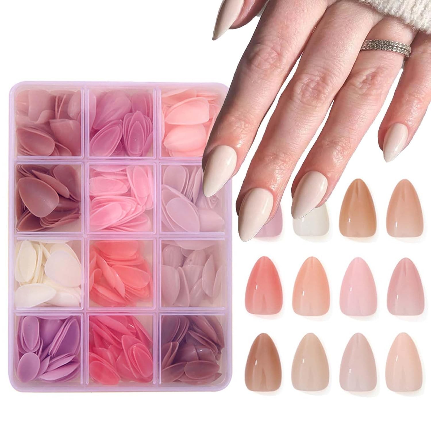 12Packs 360Pcs Almond Press on Nails Short 1 Fl Oz (Pack of 24), Style 1