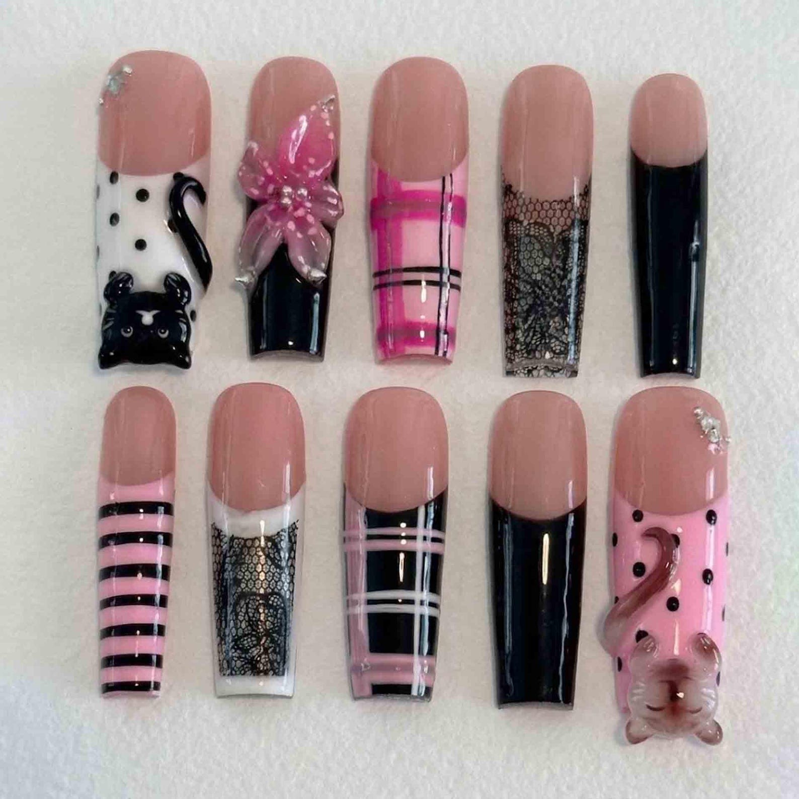 Handmade Pink Black Plaid Stripe Lace Polka Dot Cat Flower Square Press on Nails