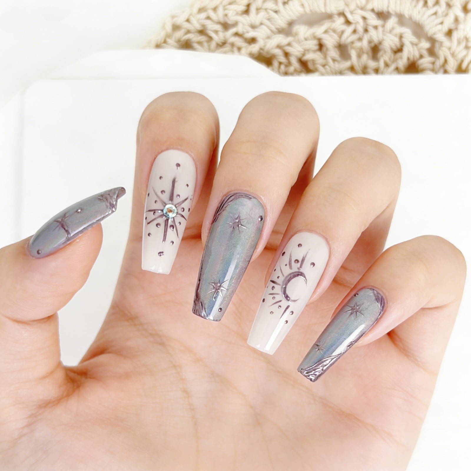 Futuristic Silver Gray Diamond Thorn Coffin Press-On Nails with Metal Details
