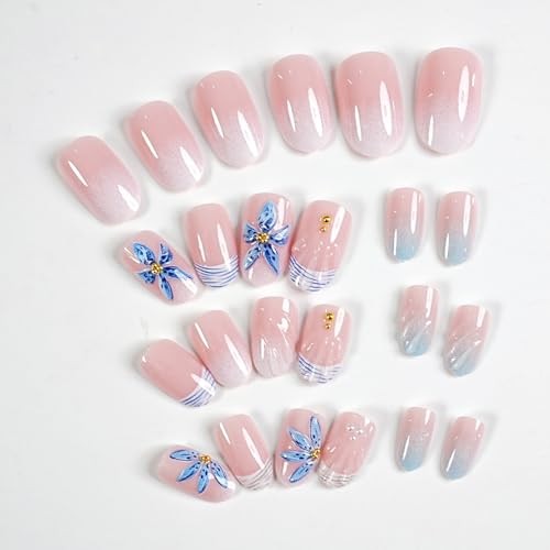 French Tip Press on Nails – Medium Short Round Fake Nails – 3D Colorful-13