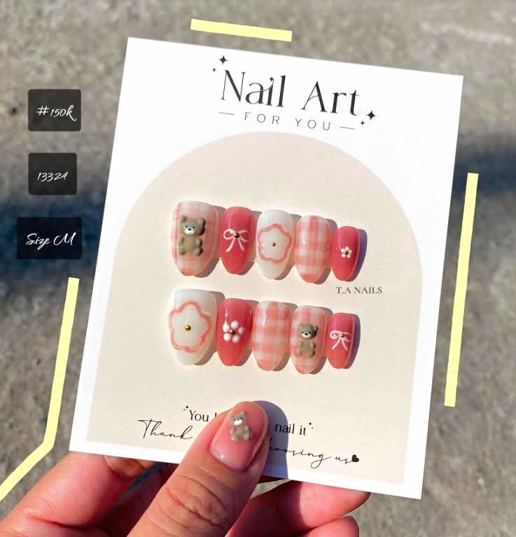 TA NAILS Pink/White 3D Teddy Bear Acrylic Press-On Nails Medium Square 13324