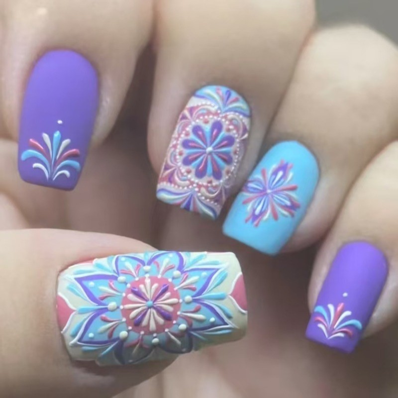 48pcs-Purple Blue Boho Press on Nails, Short Square Mandala Design Fake Nails