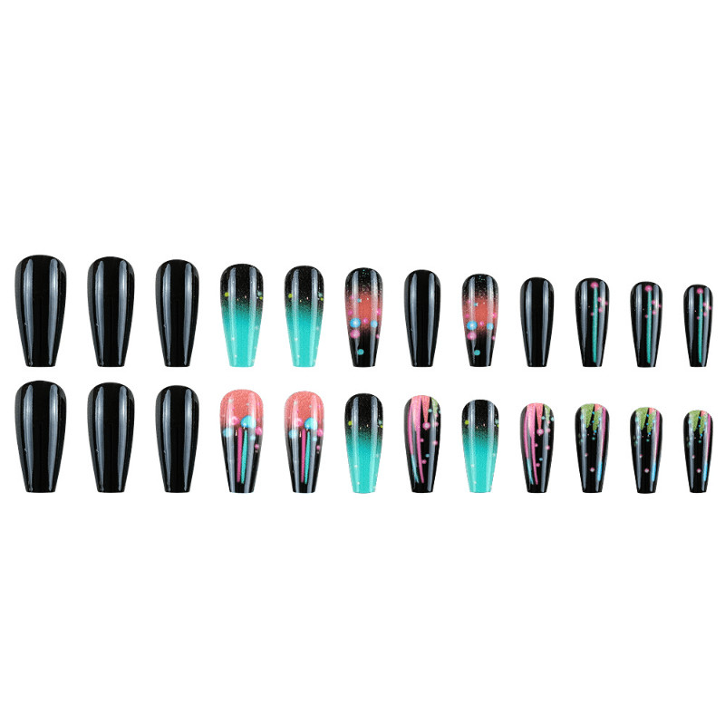 48Pcs-Long Taper Coffin Galaxy Gradient Bright Pink Blue Dot Press on Nails