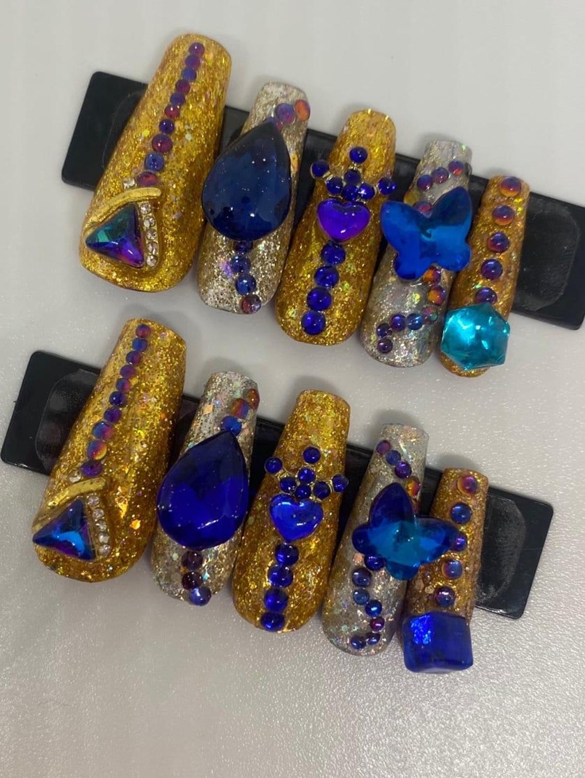 Silver and Gold Foils with Blue Jewels Handmade Press On Nail Set