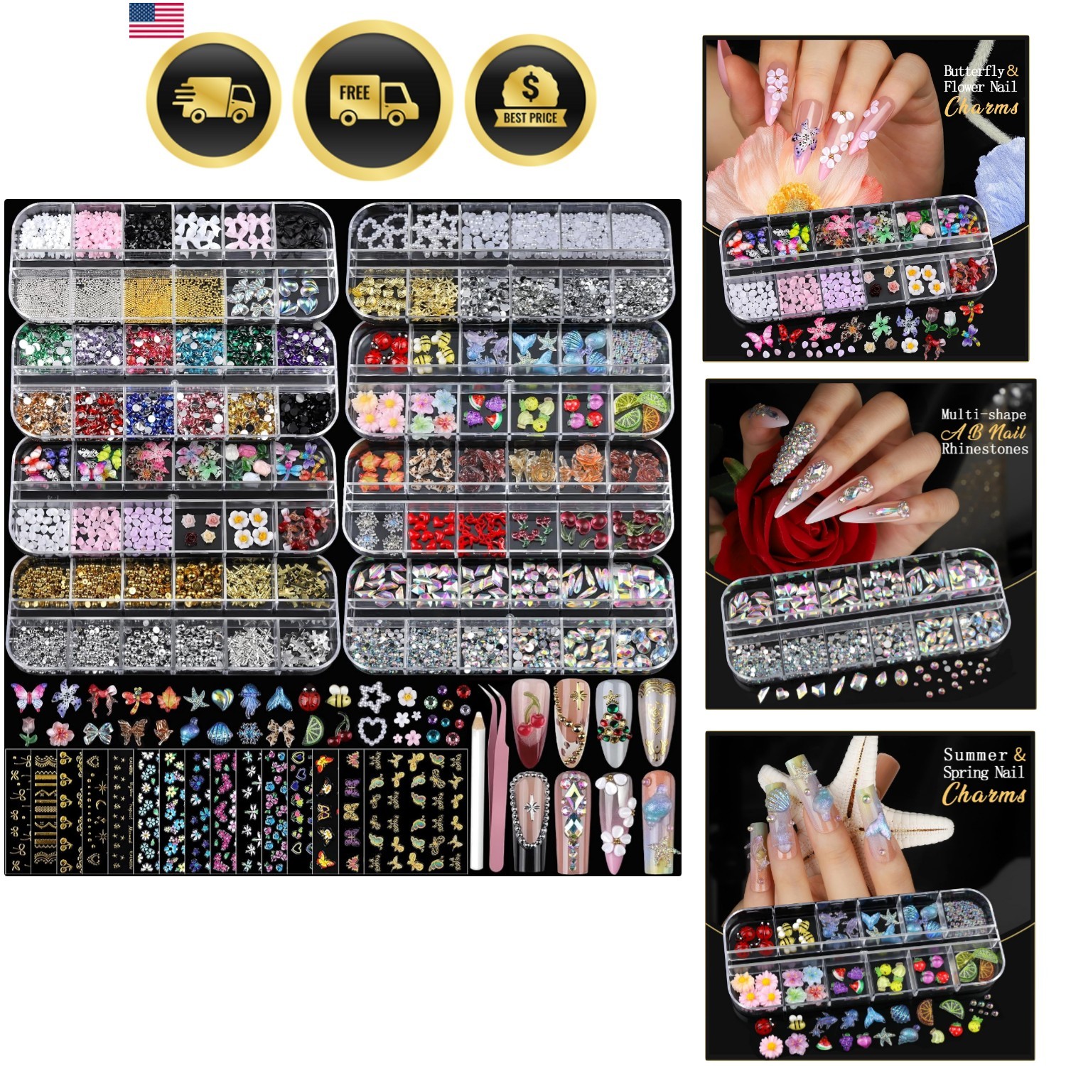 Teentior Nail Charms Nail Stickers with Nail Gems Kit, 8 Boxes Nail Art Rhine…