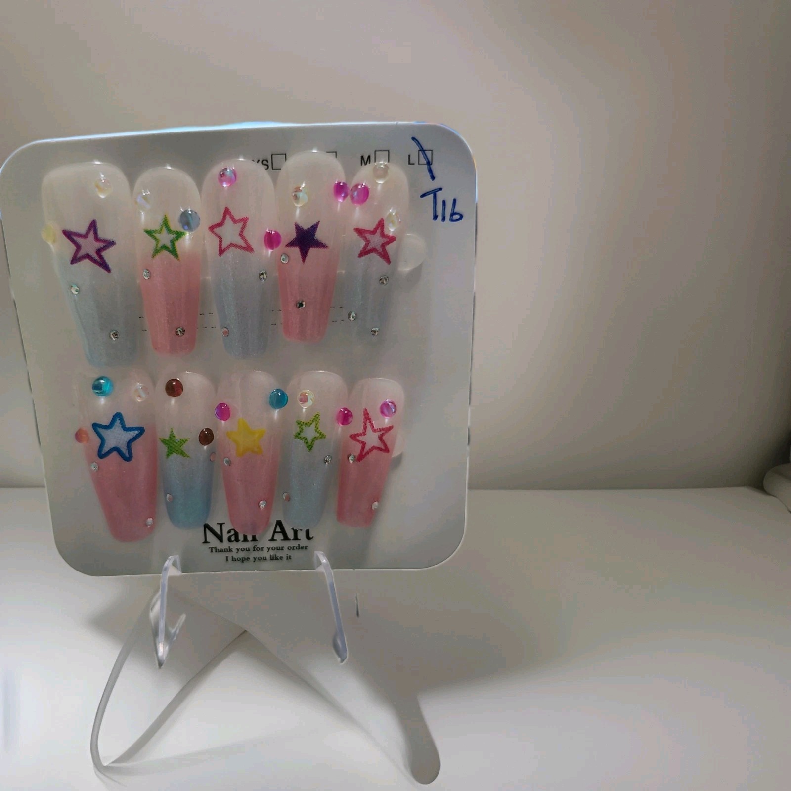 Pink Blue White Multicolor Glitter Star Long Coffin Press-On Nails Full Cover