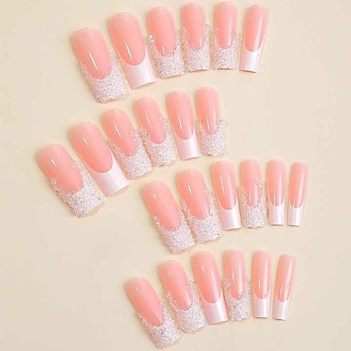 Square Press on Nails Long French, Pink Fake Nails Acrylic Black False Nails 3