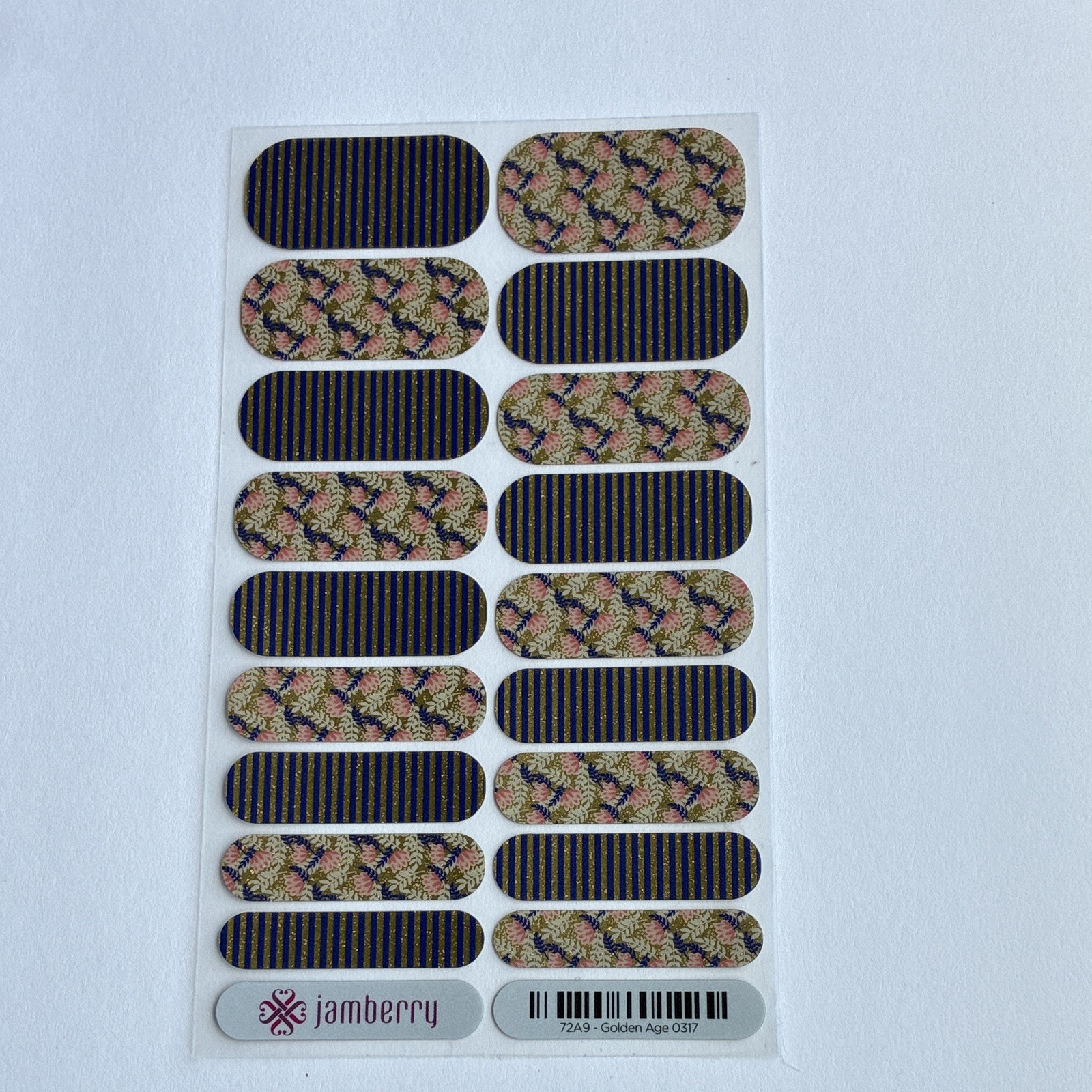 Jamberry 72A9 Golden Age Floral Glitter Press-On Nails Short Oval Blue/Gold