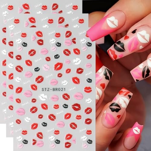 Valentines Nail Stickers 5D Red Lips Nail Art Stickers Colorful Love Style 4