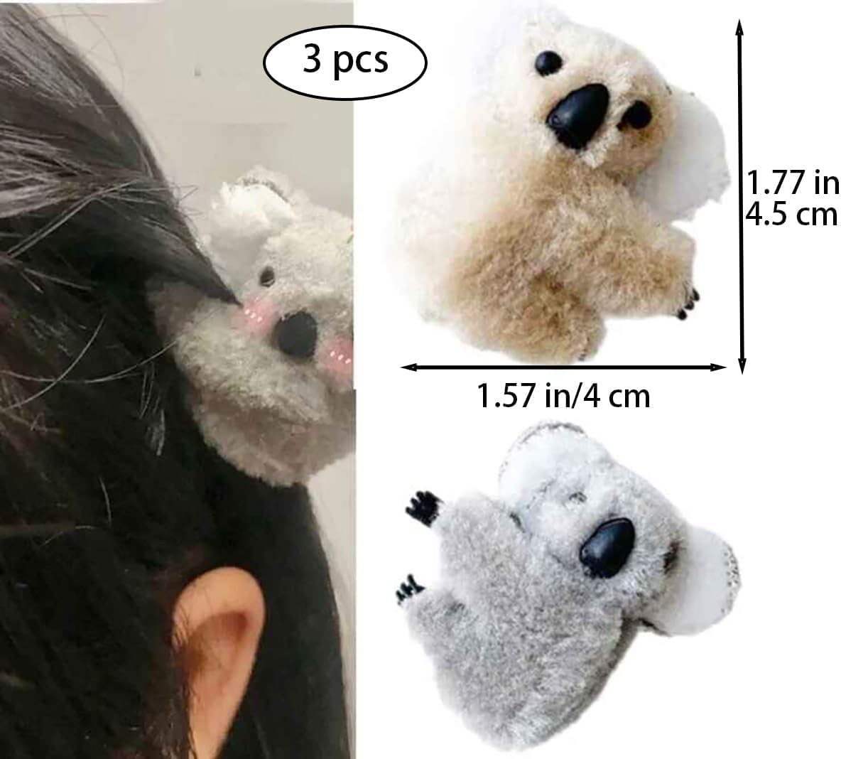 3 Pcs Plush Gray and Khaki Koala Hair 1 Count (Pack of 3), And