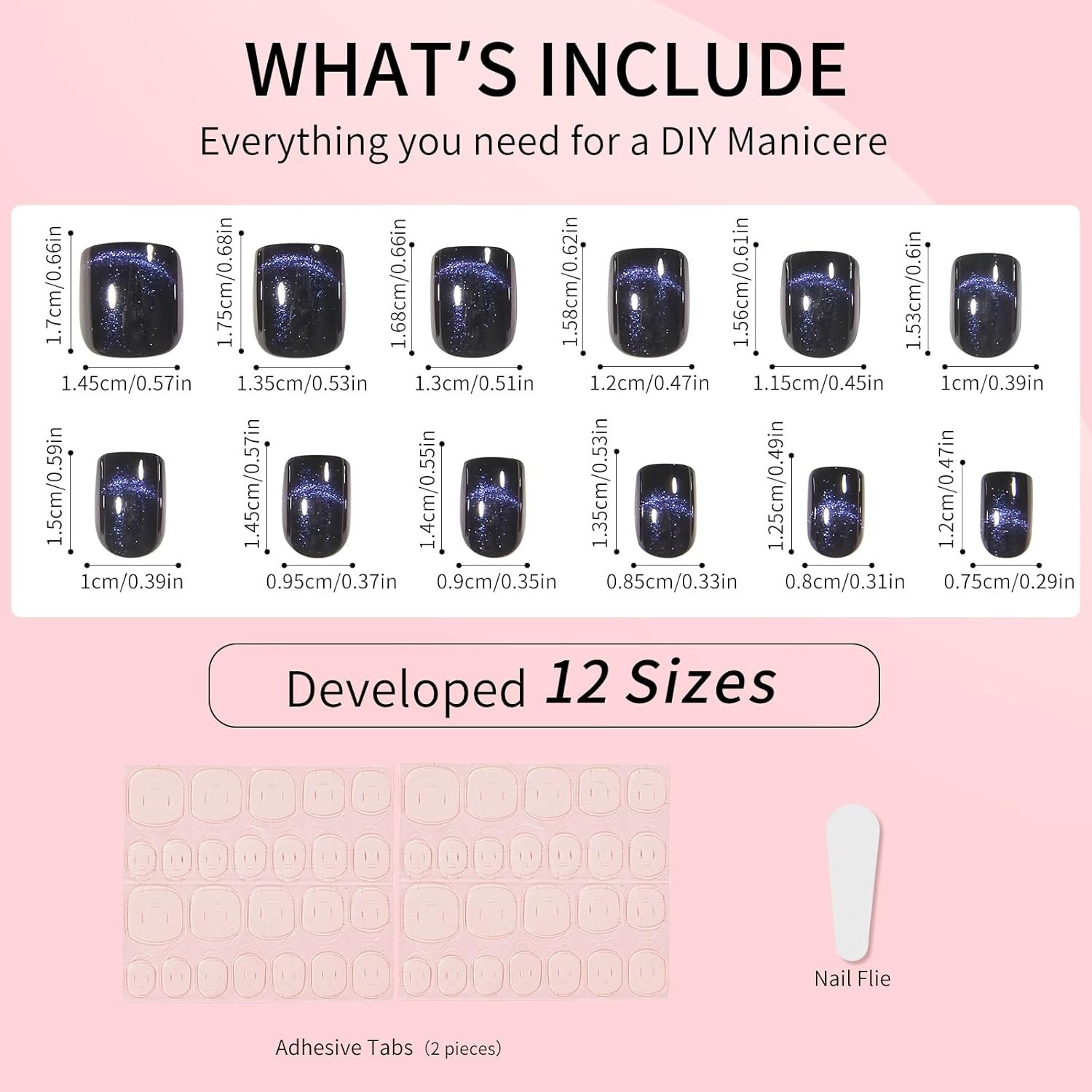 Dark Blue Track Cat Eyes Press On Nails,12 Sizes – 24 Pcs Soft Gel Short Blue Bl