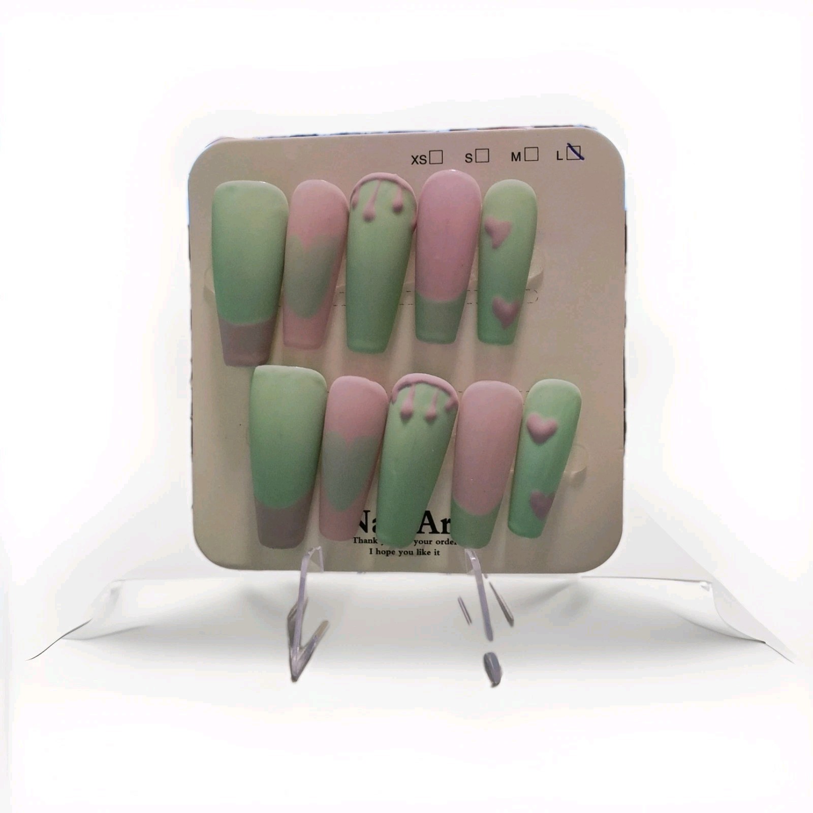 Mint Green Light Pink Matte Heart Drip Long Coffin Press-On Nails Full Cover