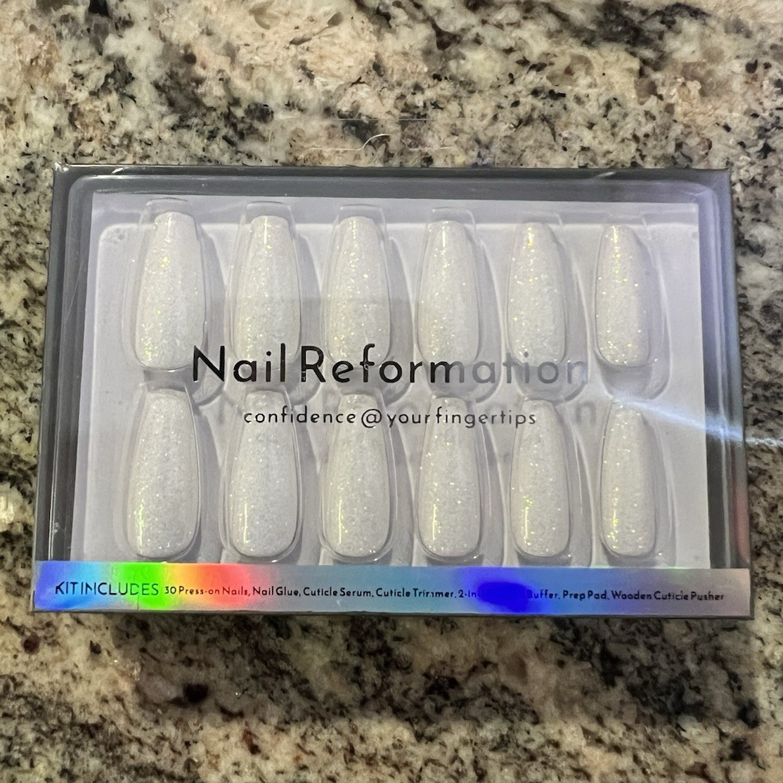 Nail Reformation White Glitter Press-On Nails Pre-Designed Coffin Glue Kit