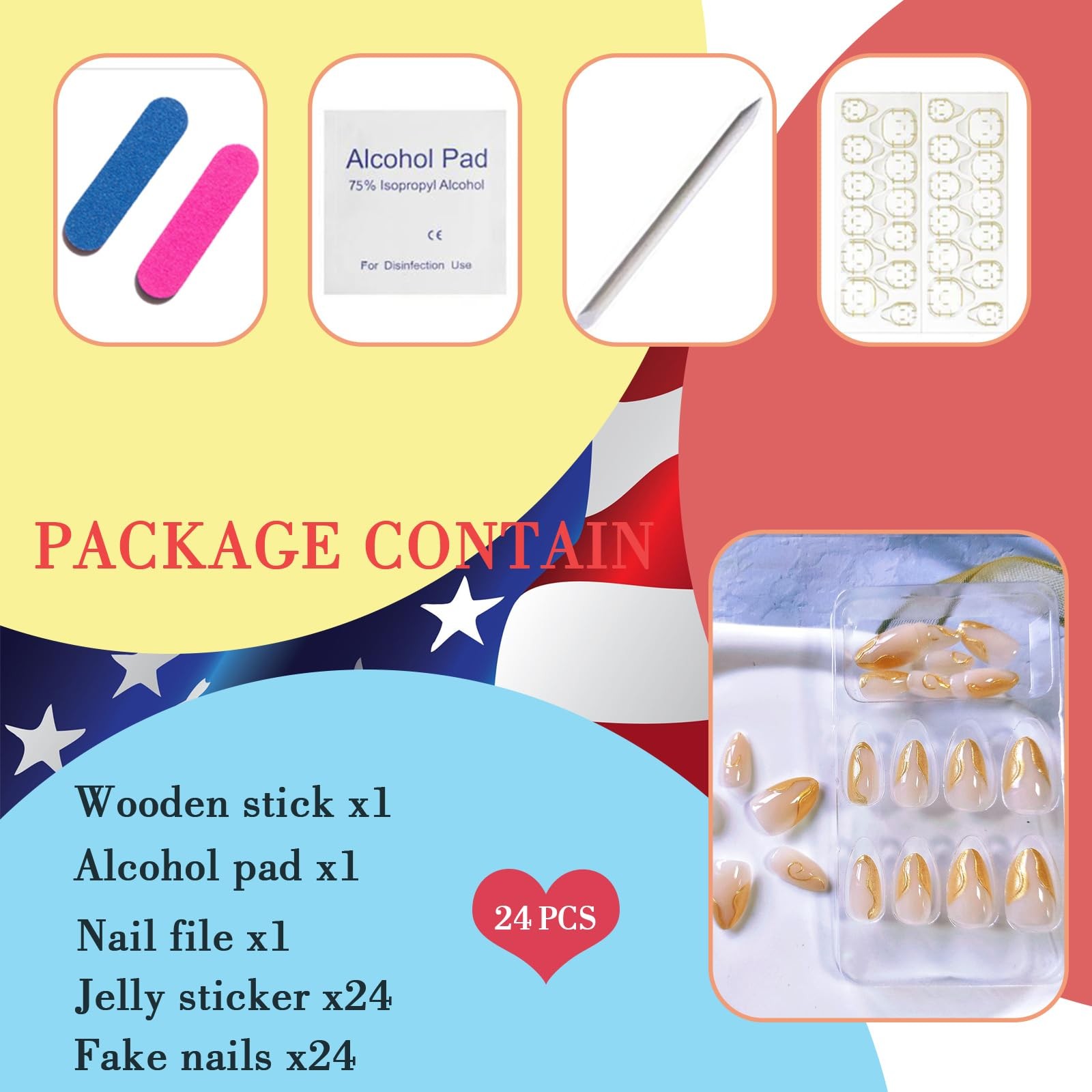 KAICCOSO Gold French Tip Almond Acrylic Press-On False Nails, 24 Pcs (12 Size…
