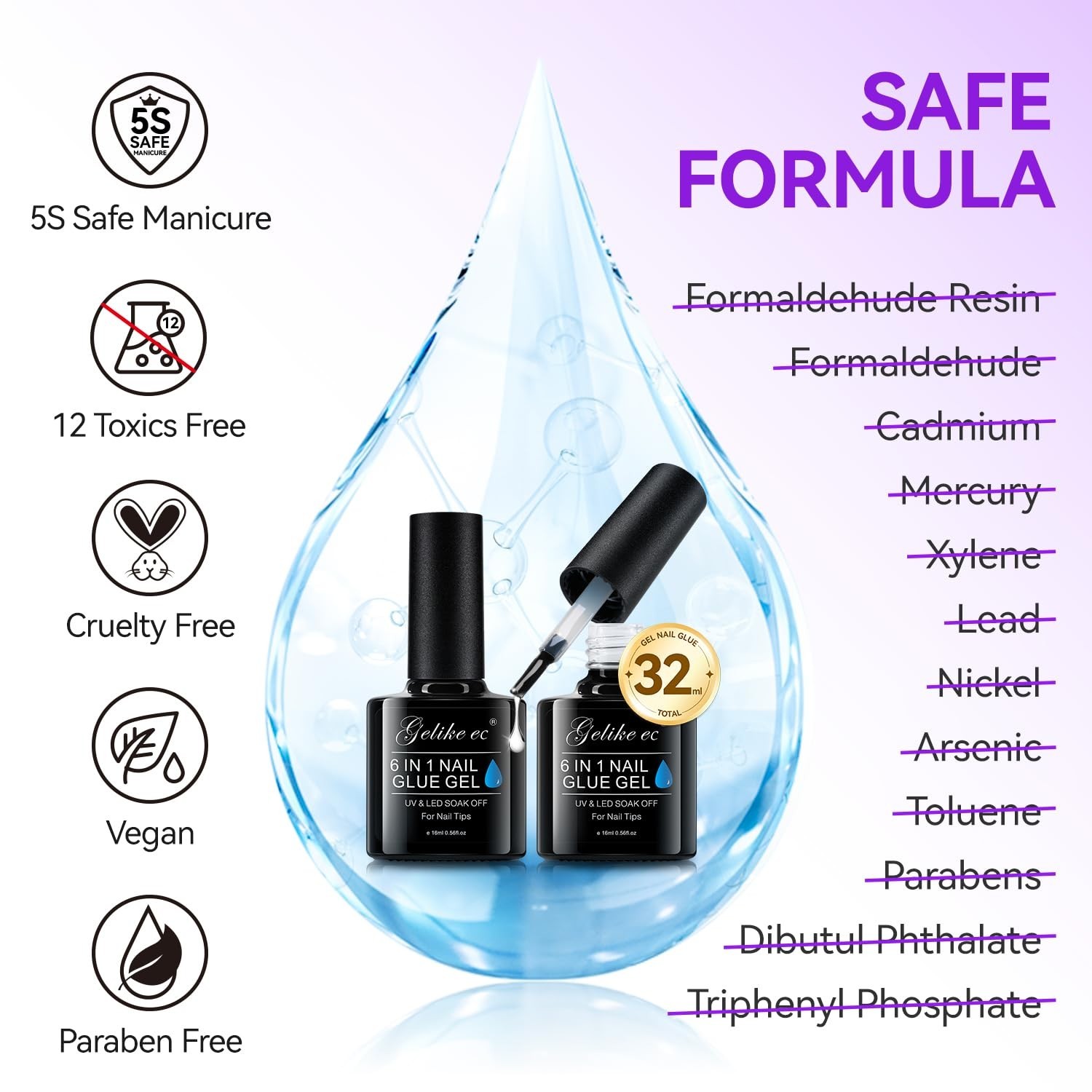 32ML 6-in-1 UV Nail Glue Gel – Strong Adhesive for Acrylic & Press-On Nails, Tox