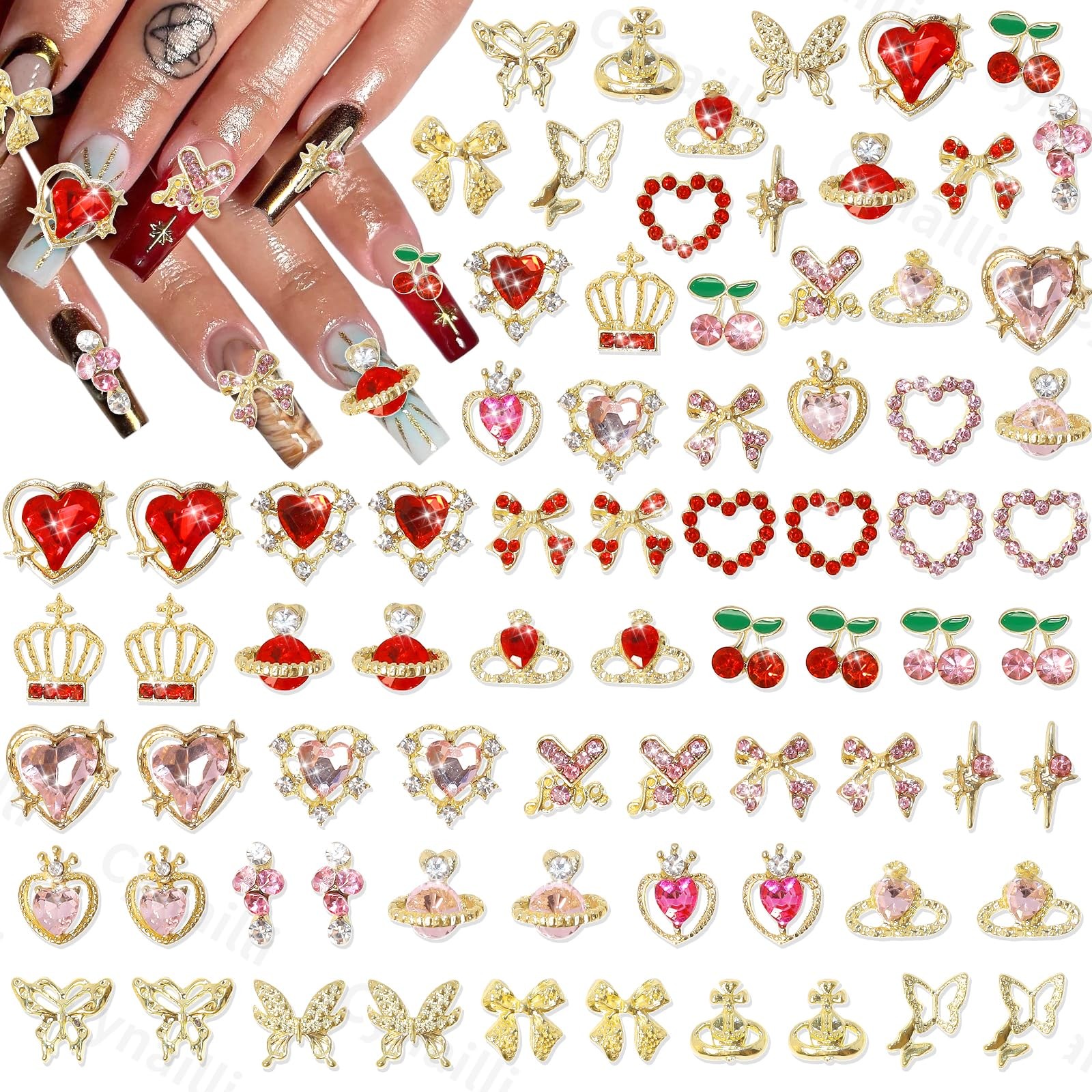 50 Pcs Valentines Gold Nail Charms and Gems, Gold Cherry Heart Crown Star Pla…