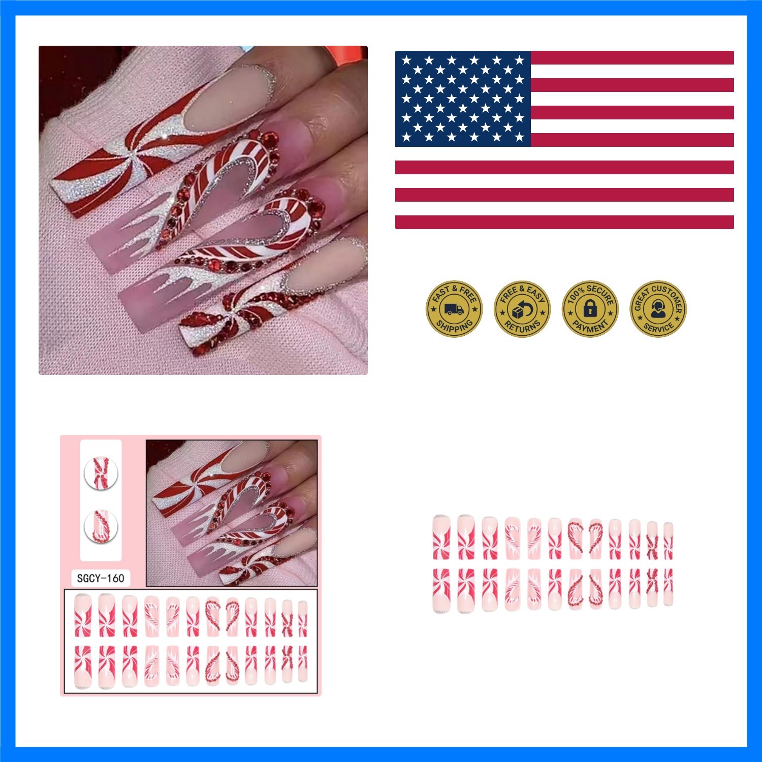 Christmas Bling French Tip Press on Nails Long Square Fake Nails with Candy C…