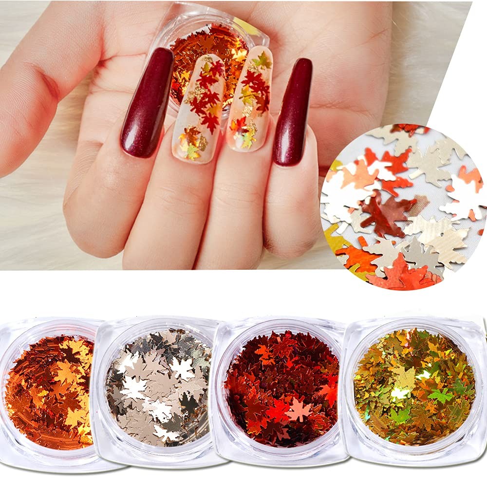 Fall Nail Art Maple Leaf Shape Holographic Glitter Flake Sequins, Red Yellow …