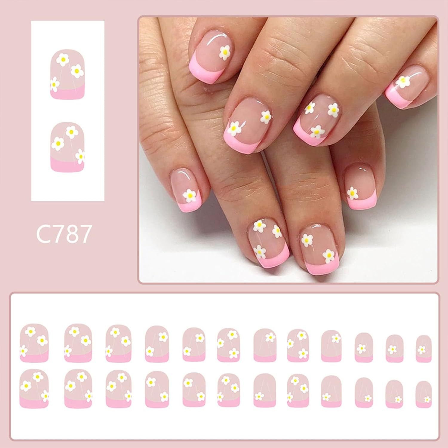 Pink French Tip Press on Nails Short Square Fake Nails with Cute White Flower De