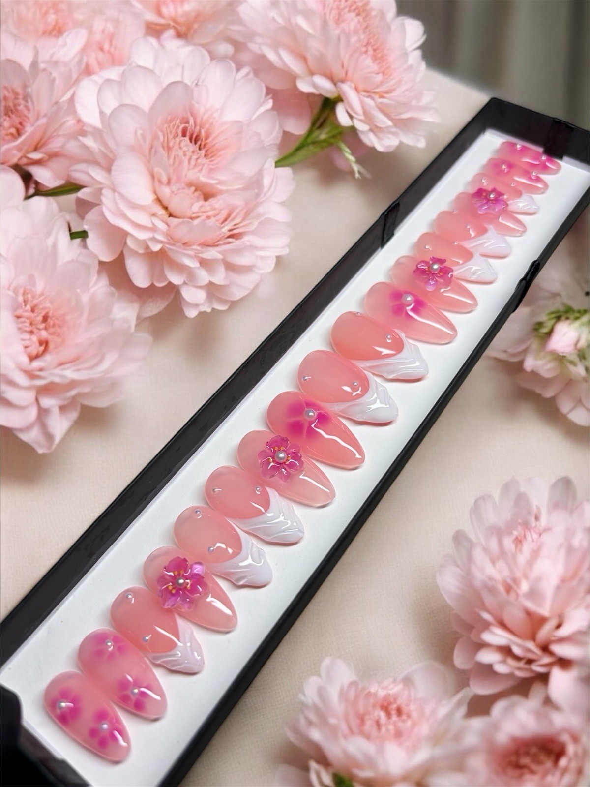 Handmade 3D Blossom Blush Press-On Nail Set Prep Kit Included