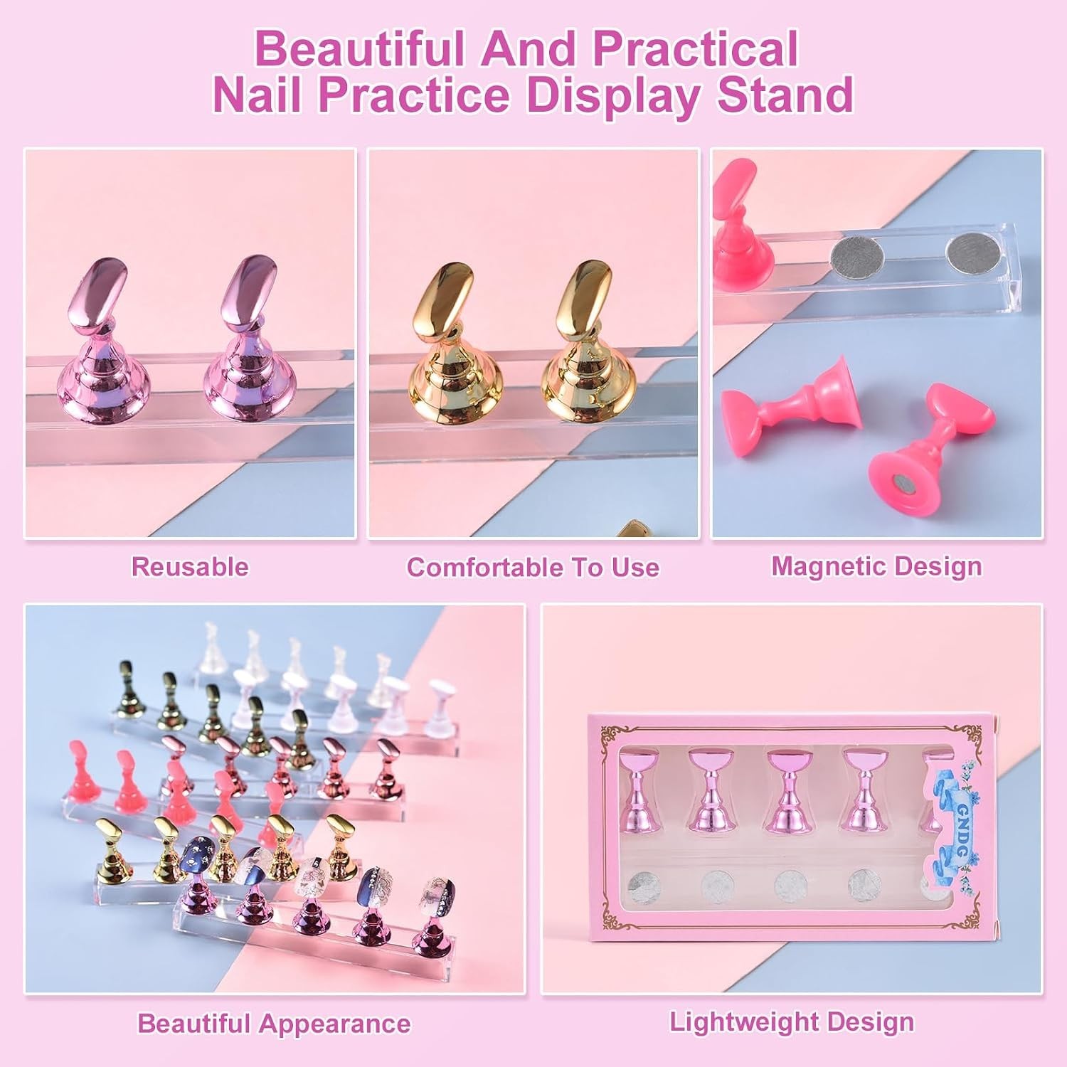 Elegant 2 Sets Nail Art Stand with Magnetic Design for Press-On Nails Practice