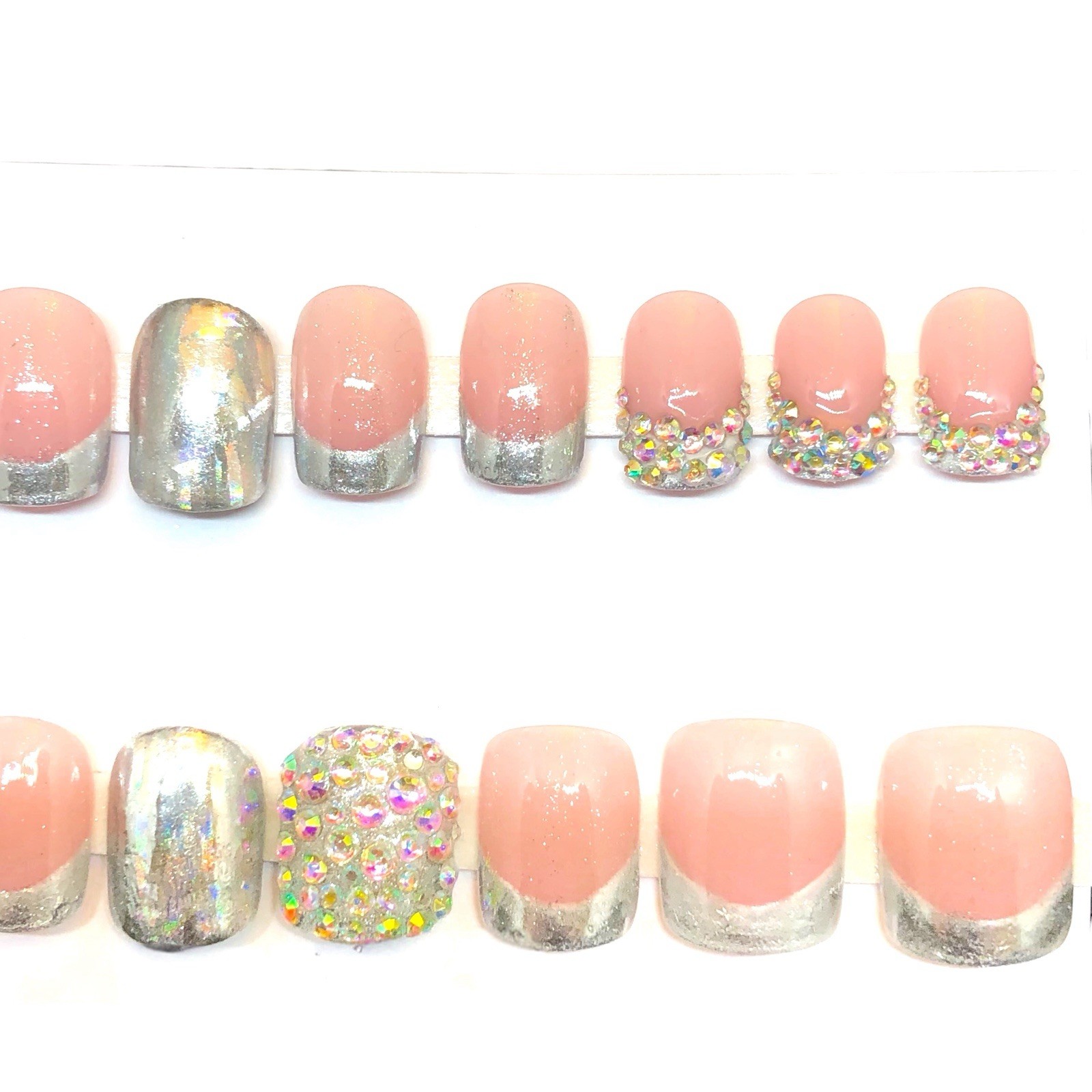 Handmade Custom Press on Nails UV Gel Short Square Pink & Silver Nails Bling
