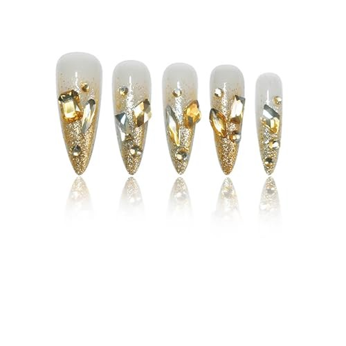 Long Stiletto Press on Nails French Tip Fake Nails Gold Almond Style 02-38