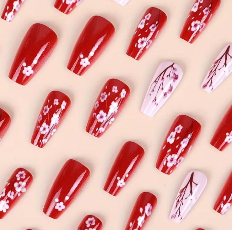Medium 24 Pc Red Cherry Blossom Nail Tips Boxed Glue & Tabs Nails Ballerina