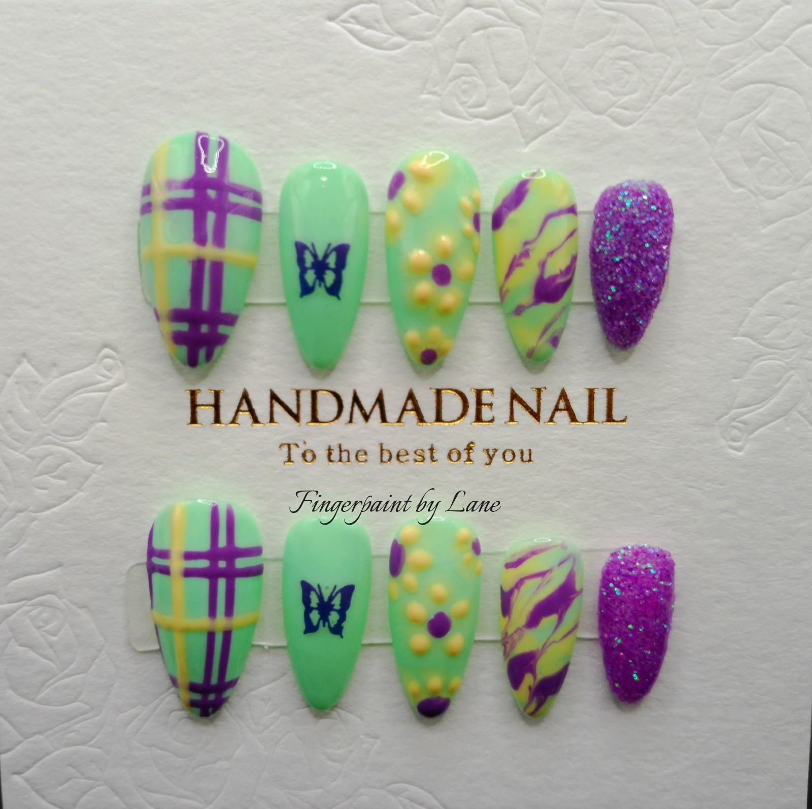 Mint Green and Purple Almond Press On Nails – Medium