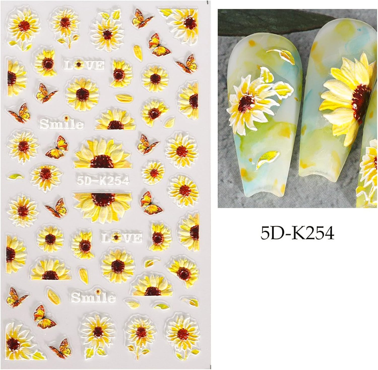 5D Embossed Sunflower Nail Art Stickers Self-Adhesive Flower Nail Decals Engrave