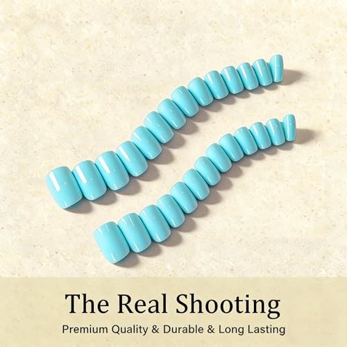 Teal Blue Press on Nails Medium Square, Soft Gel Fake Nails Short teal blue