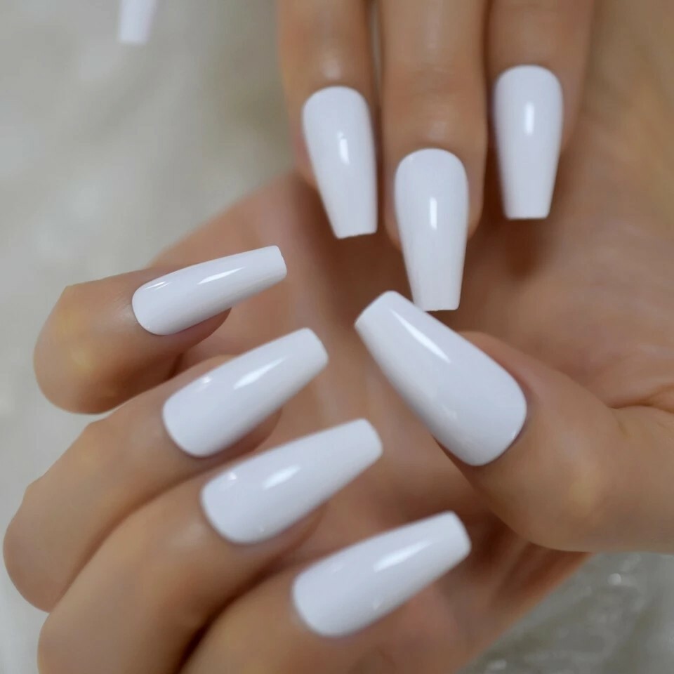 White Press On Nails Glue On Matte or Glossy Long Coffin 24