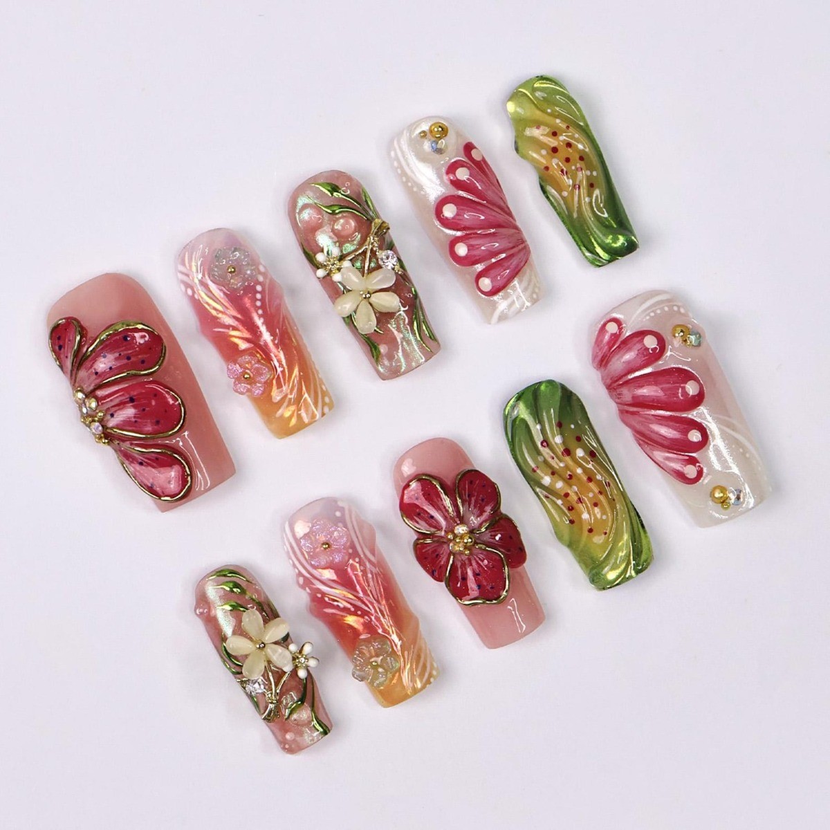 Pink Green Floral Handmade Press on Nails Gold Wire Swirl Rhinestone Fake Nails