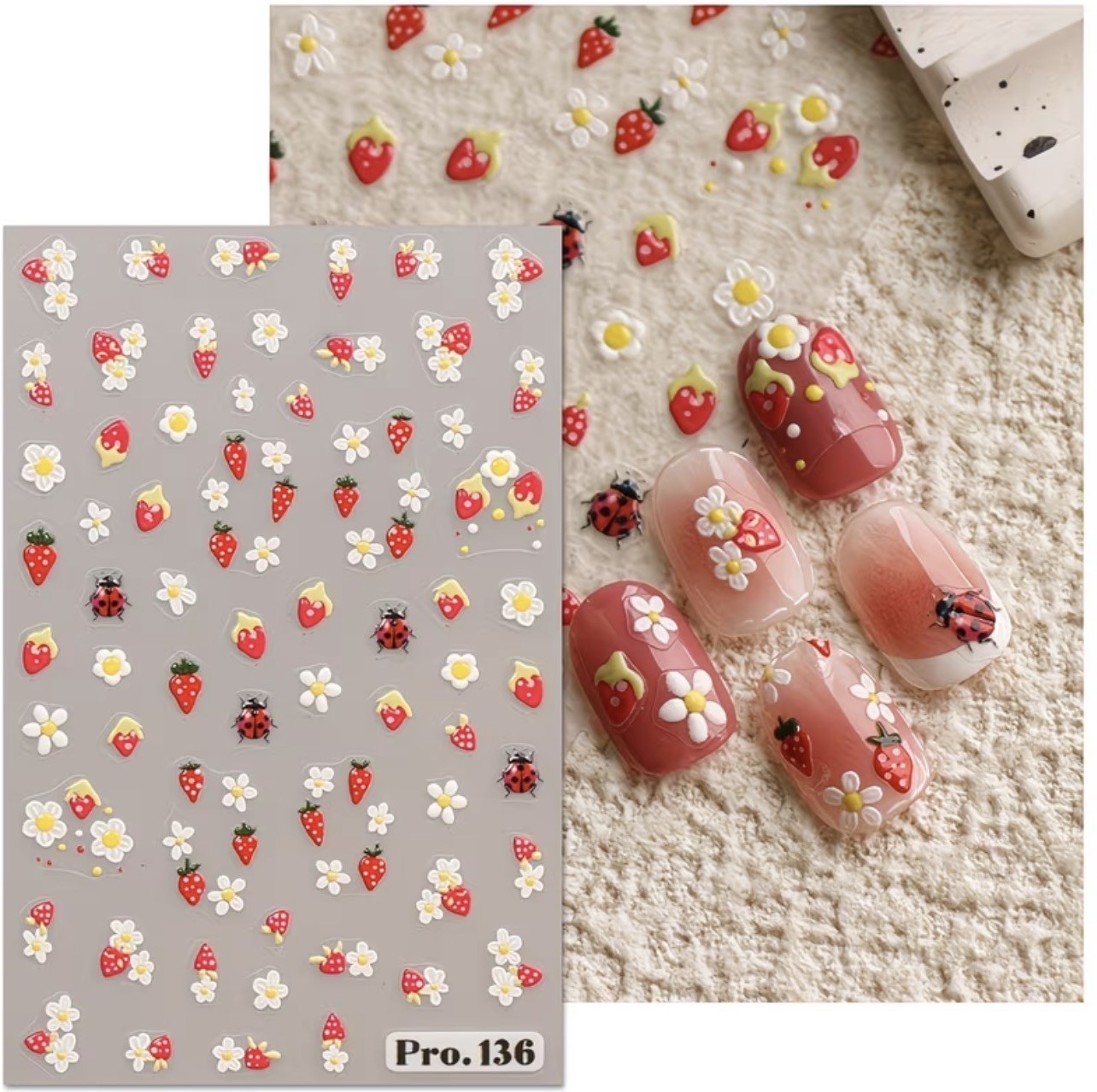 Nail Stickers 5D Embossed Strawberry Daisy Flower Decals Ladybird DIY Pro136