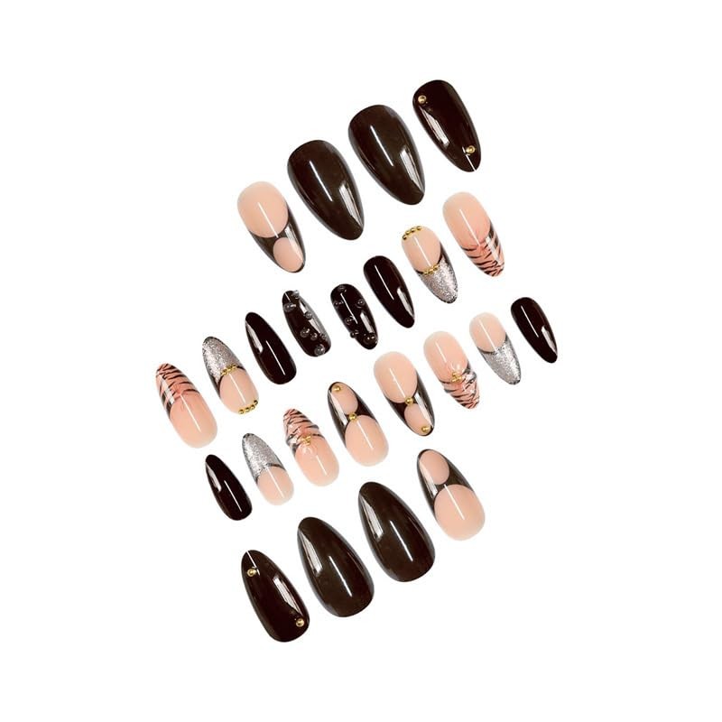 Long Almond Press on Nails Nude Black Gold False Nails French Tip Luxury Stic…