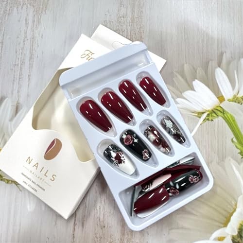 Press on Nails Medium Length False Nails Black Lace Pattern Red Rose Flower