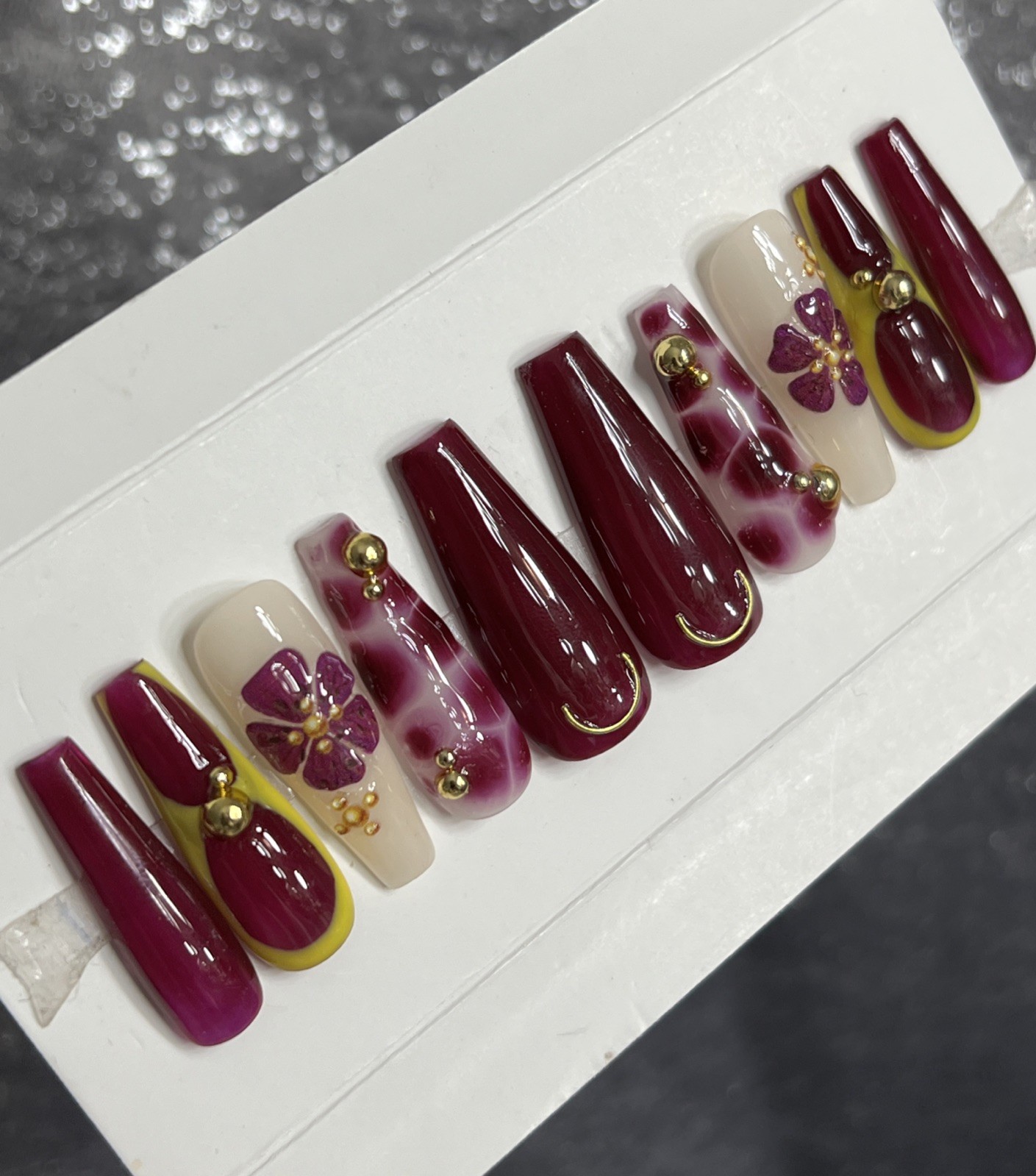 💜✨ Luxury Gel Press On Nails, PLUM FLOWER , LONG COFFIN 10p Set W/ FULL KIT