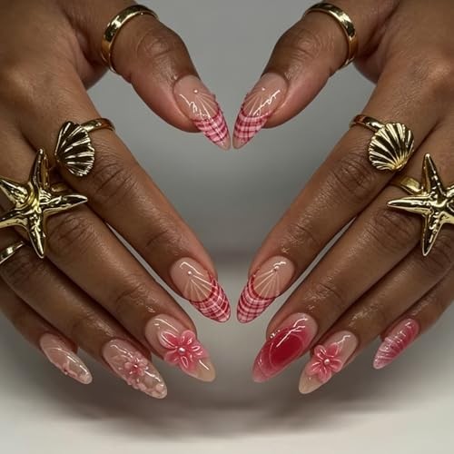 24Pcs Pink Flower Press on Nails Medium Almond Gradient Embossed Flower Style