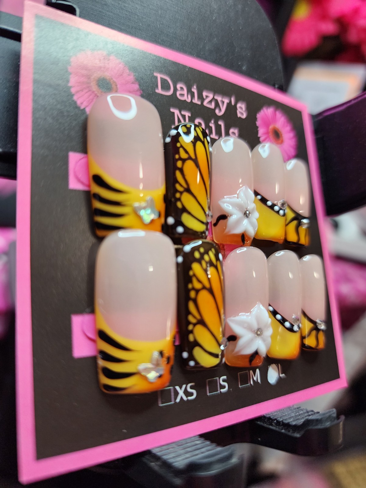 Large Size Press-on Nail 10Pc Set Handmade Square Butterfly 3D 2.5 Cm Length