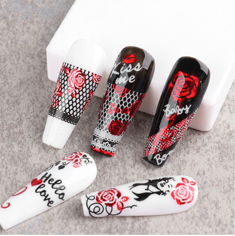 3D Nail Art Stickers Red Black Rose Flower Lace Heart Kiss Valentine Bride NH23