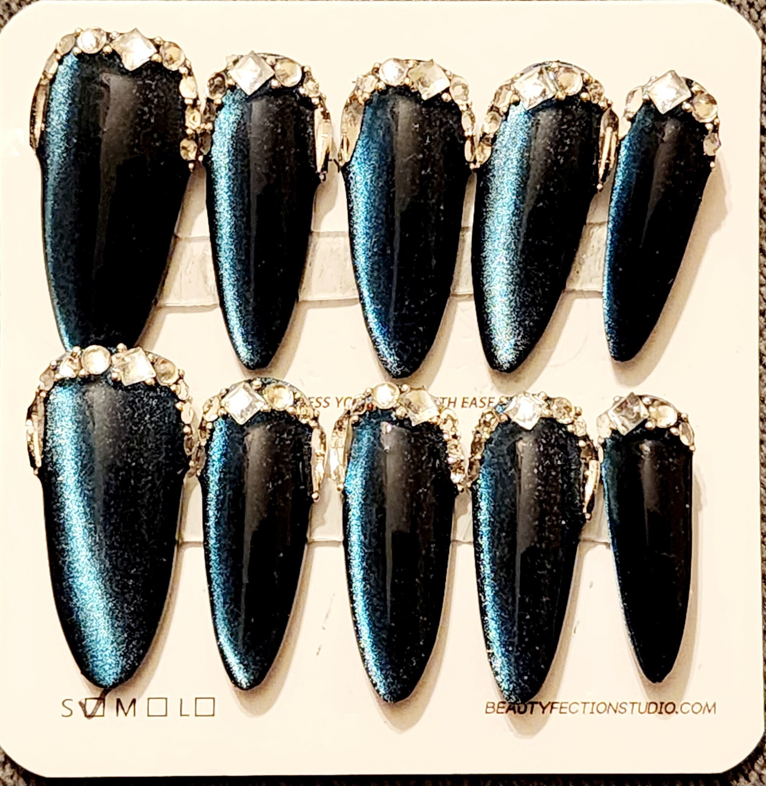Long Blue Cats Eye Almond Press on Nails With Glue Tabs Bling Reusable New Small