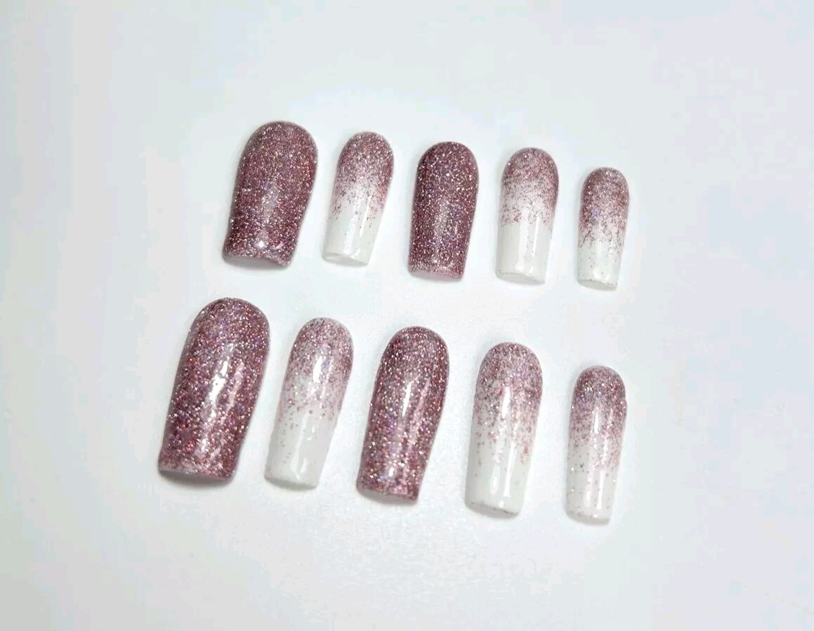 🤎CUSTOM Gel Press On Nails, Brown Glitter Medium Square 10p FULL W KIT