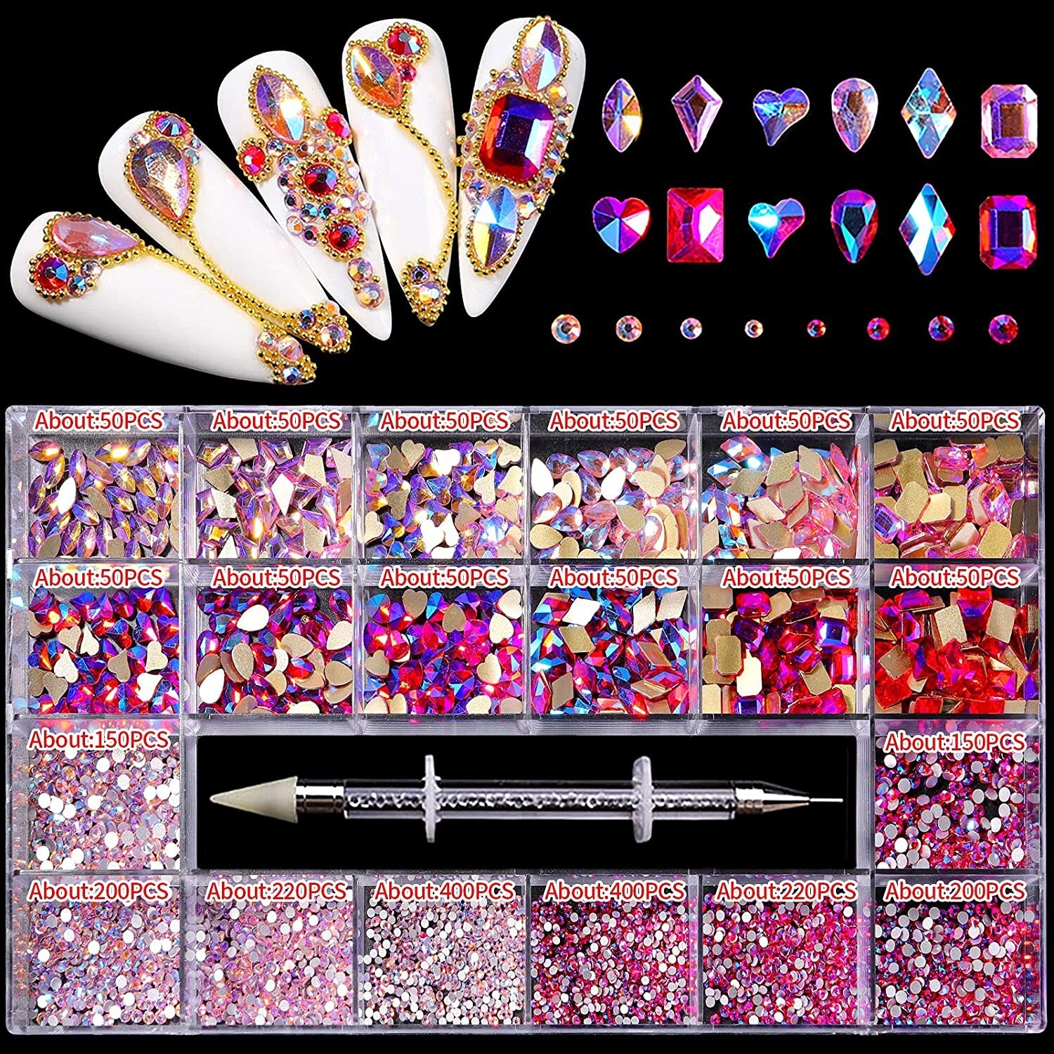 SANNE Nail Rhinestones Kit – 2000 Multi Shapes Pink Crystal Rhinestones for Nail